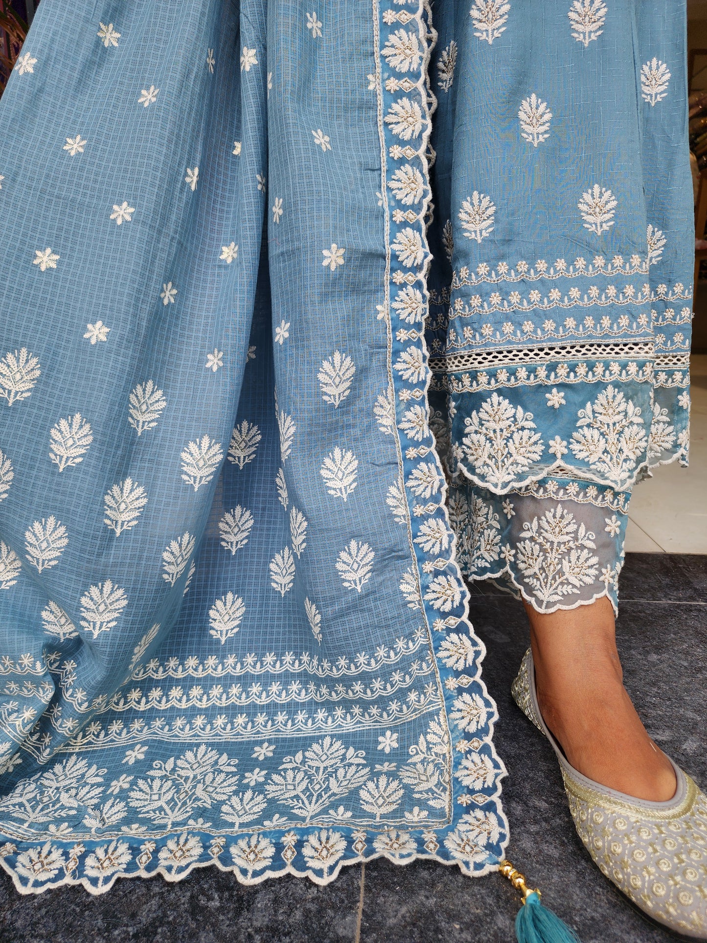 POWDER BLUE EMBROIDED THREADWORK ANARKALI PANT SUIT