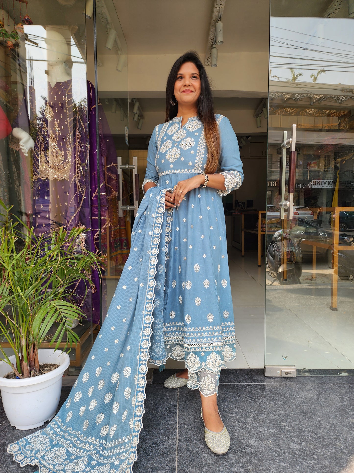 POWDER BLUE EMBROIDED THREADWORK ANARKALI PANT SUIT