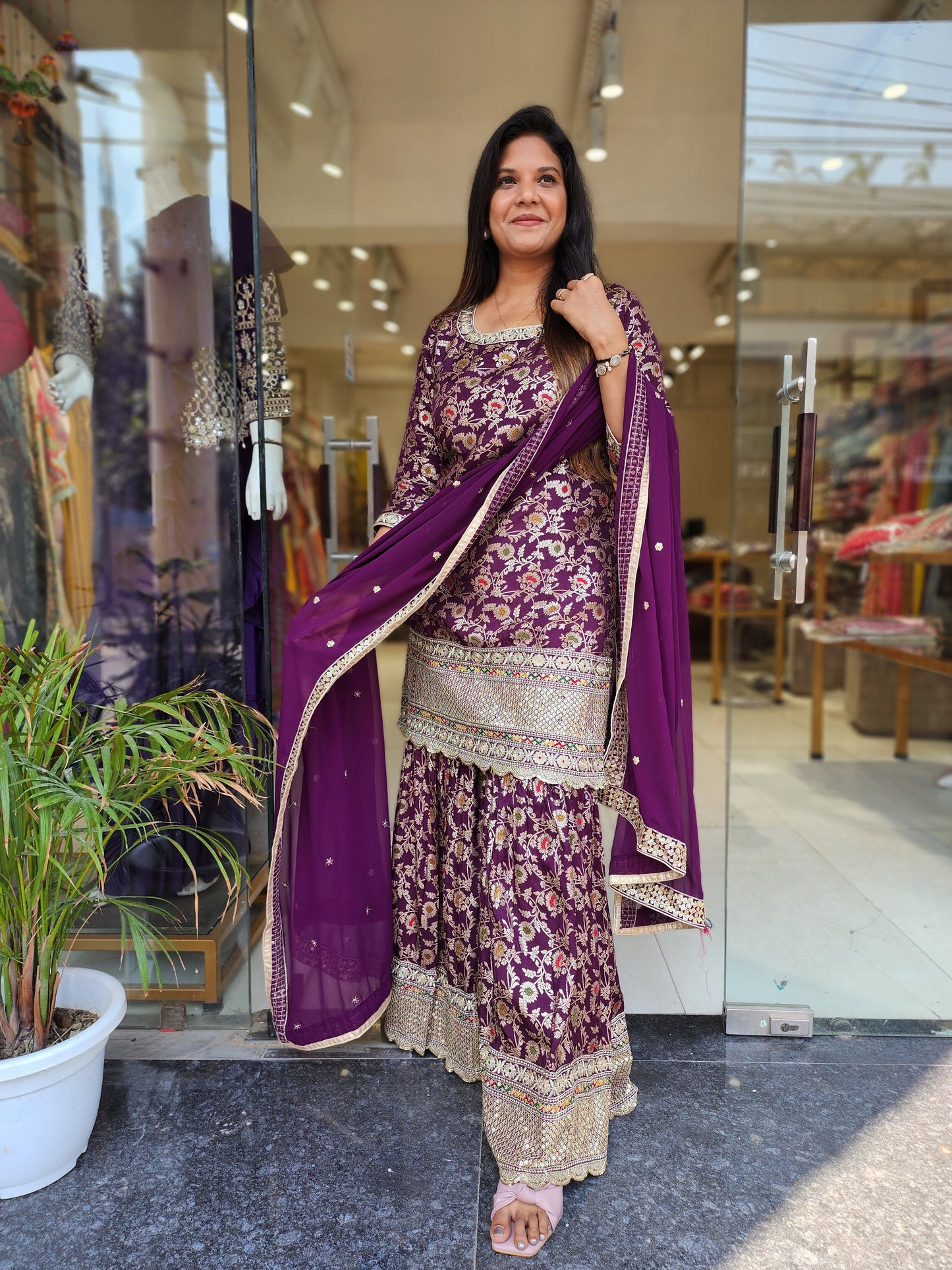 Wine weaving embroidered garara suit