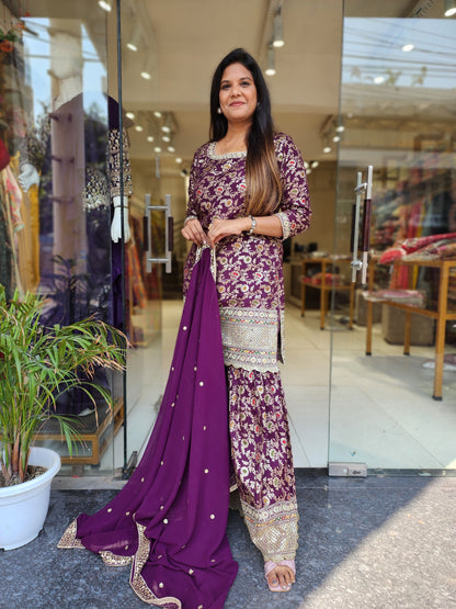 Wine weaving embroidered garara suit