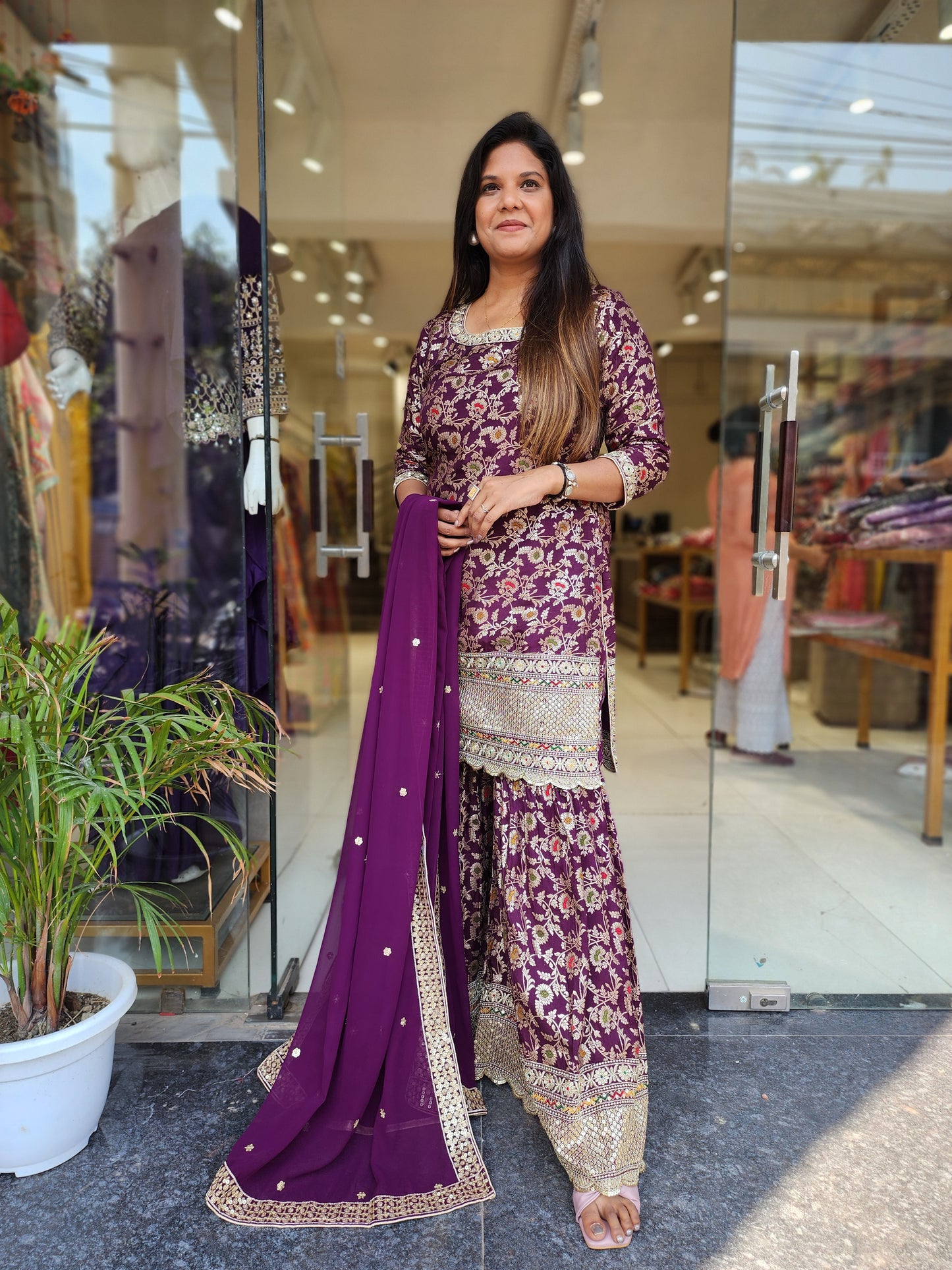 Wine weaving embroidered garara suit