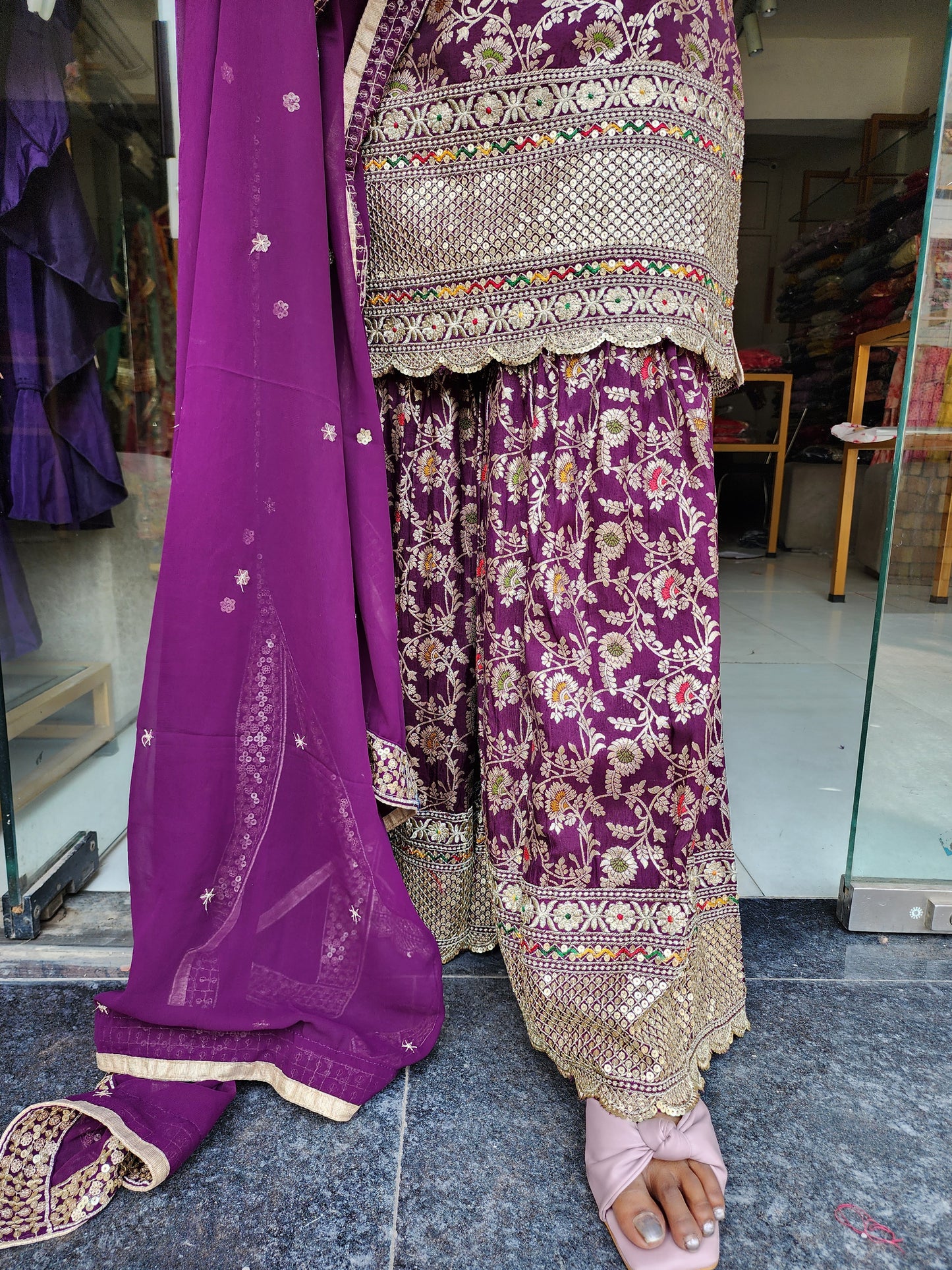 Wine weaving embroidered garara suit