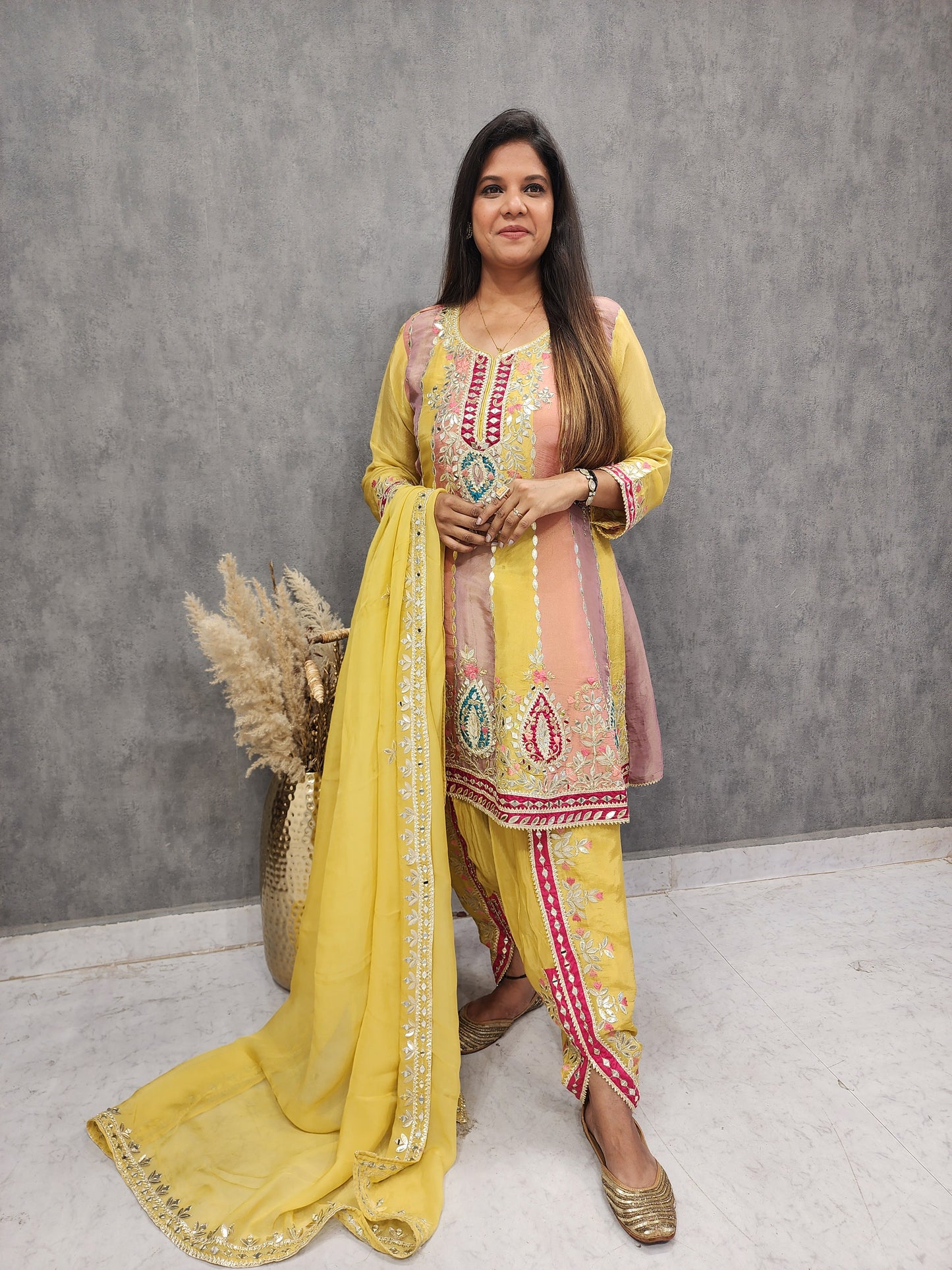 Simii Yellow short anarkali tulip pant suit