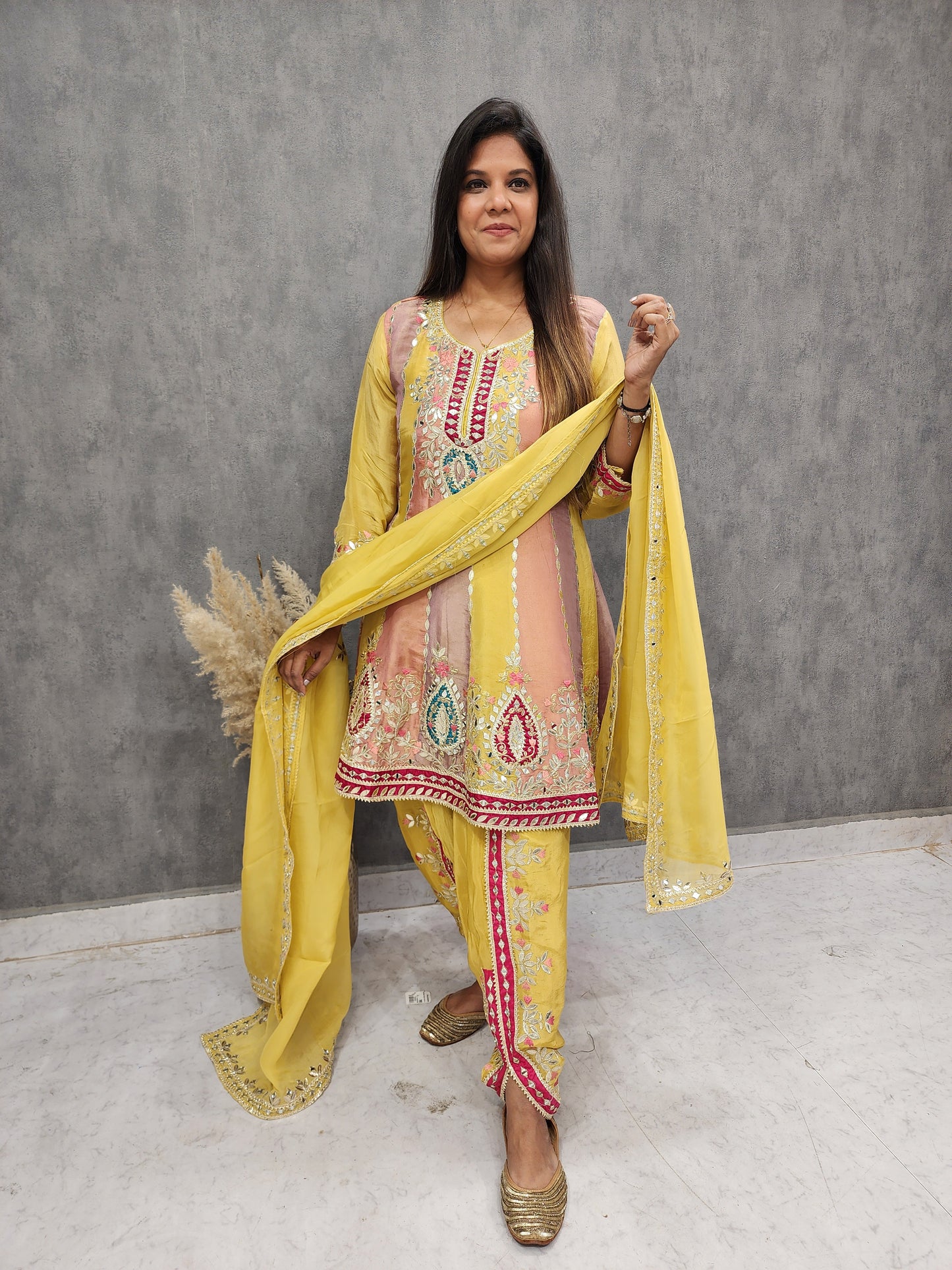 Simii Yellow short anarkali tulip pant suit