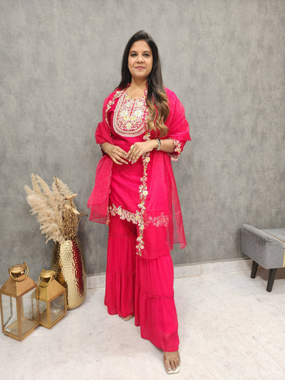 Hot red cape style indowestern garara suit