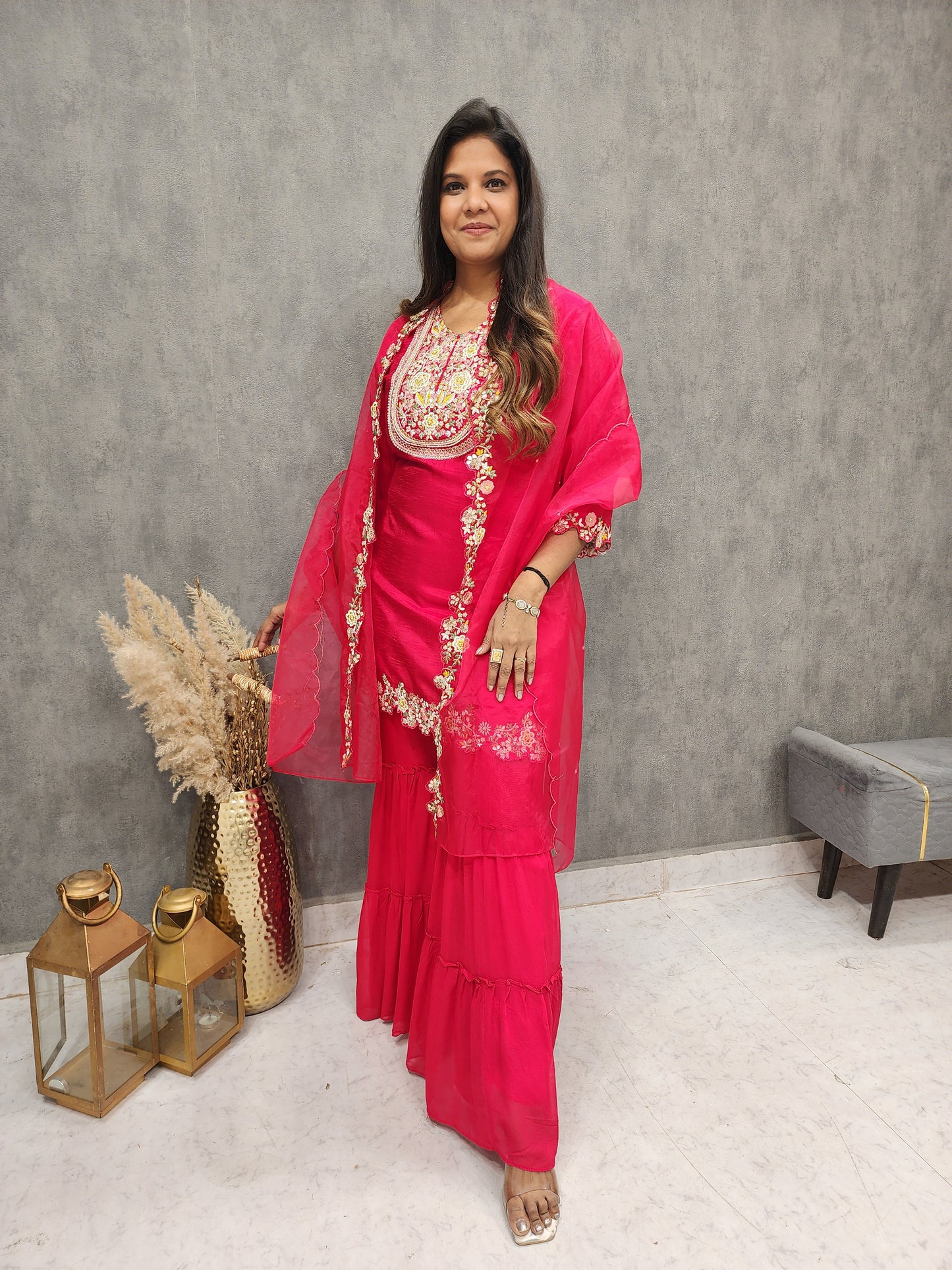 Hot red cape style indowestern garara suit