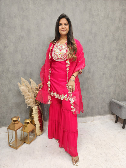 Hot red cape style indowestern garara suit