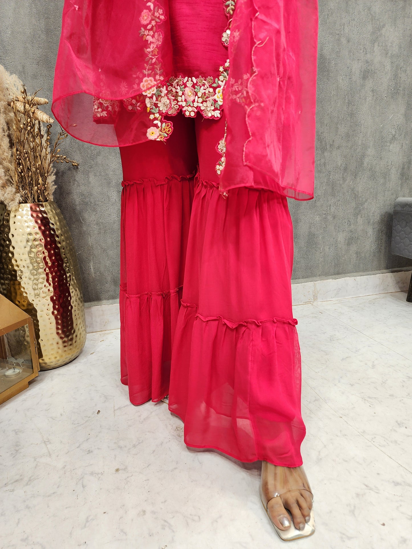 Hot red cape style indowestern garara suit