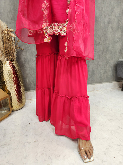 Hot red cape style indowestern garara suit