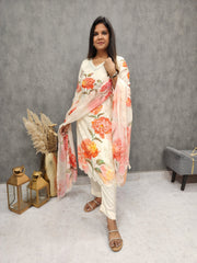 CREAM FLORAL EMBROIDED STRAIGHT MUSLIN SUIT