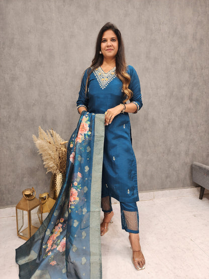 Teal blue embroidered straight suit with weaving dupatta