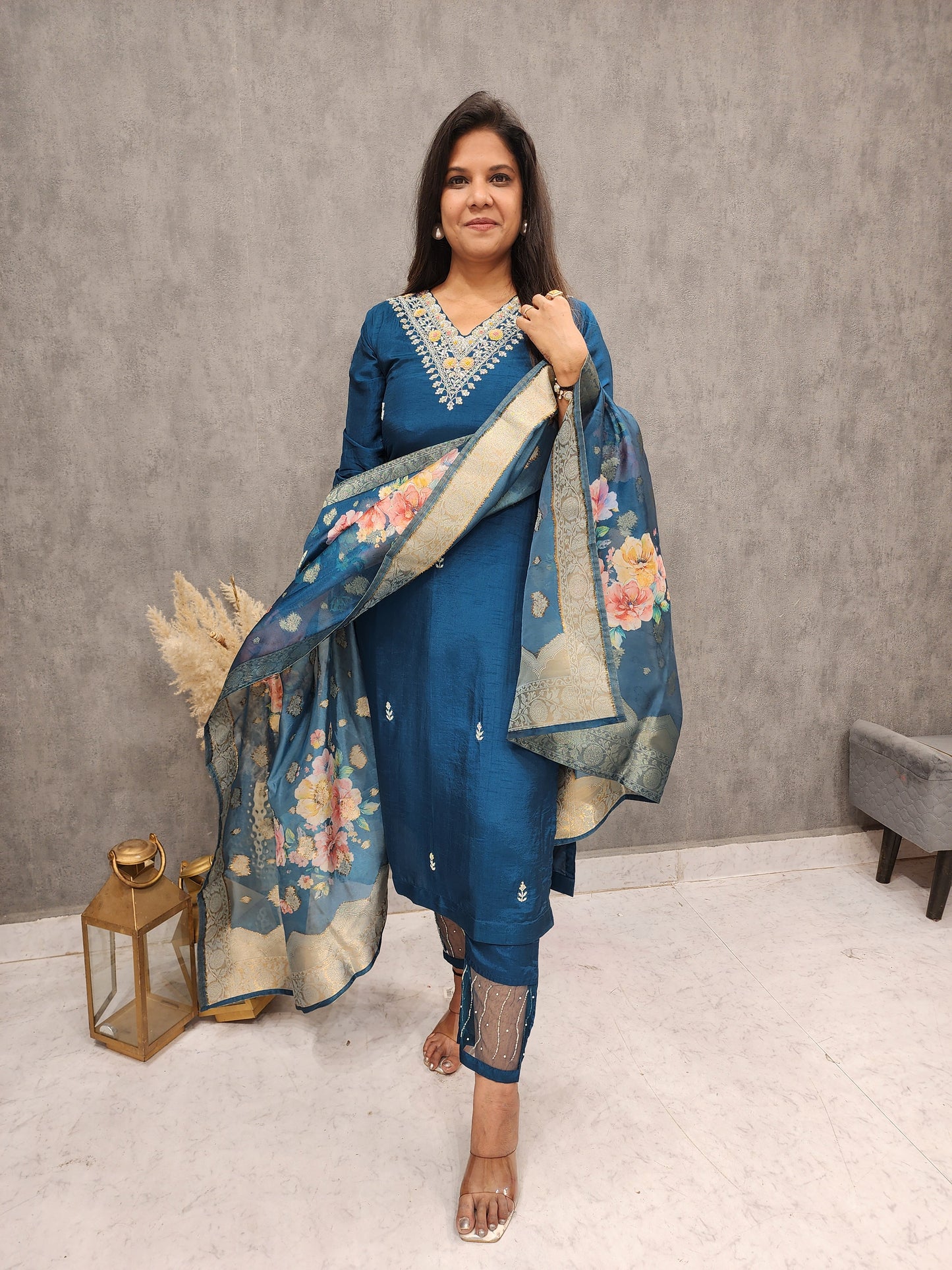 Teal blue embroidered straight suit with weaving dupatta