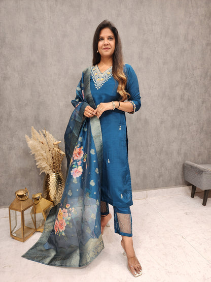 Teal blue embroidered straight suit with weaving dupatta