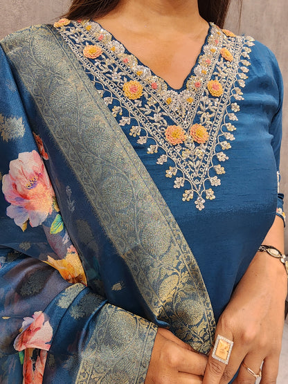 Teal blue embroidered straight suit with weaving dupatta