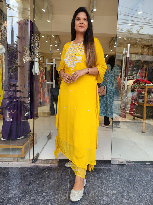 TURMERIC YELLOW EMBROIDERED KAFTAAN SUIT WITH PANTS