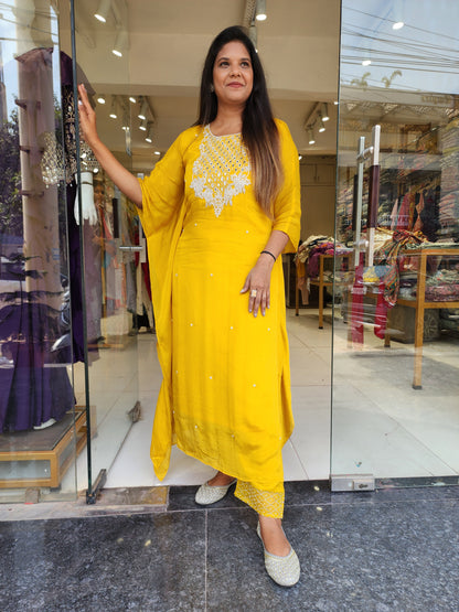 Turmeric yellow embroidered kaftaan suit with pants