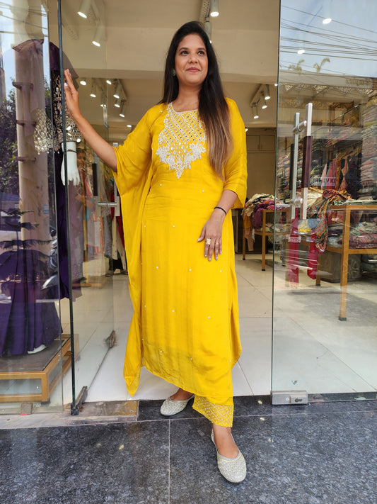 TURMERIC YELLOW EMBROIDERED KAFTAAN SUIT WITH PANTS