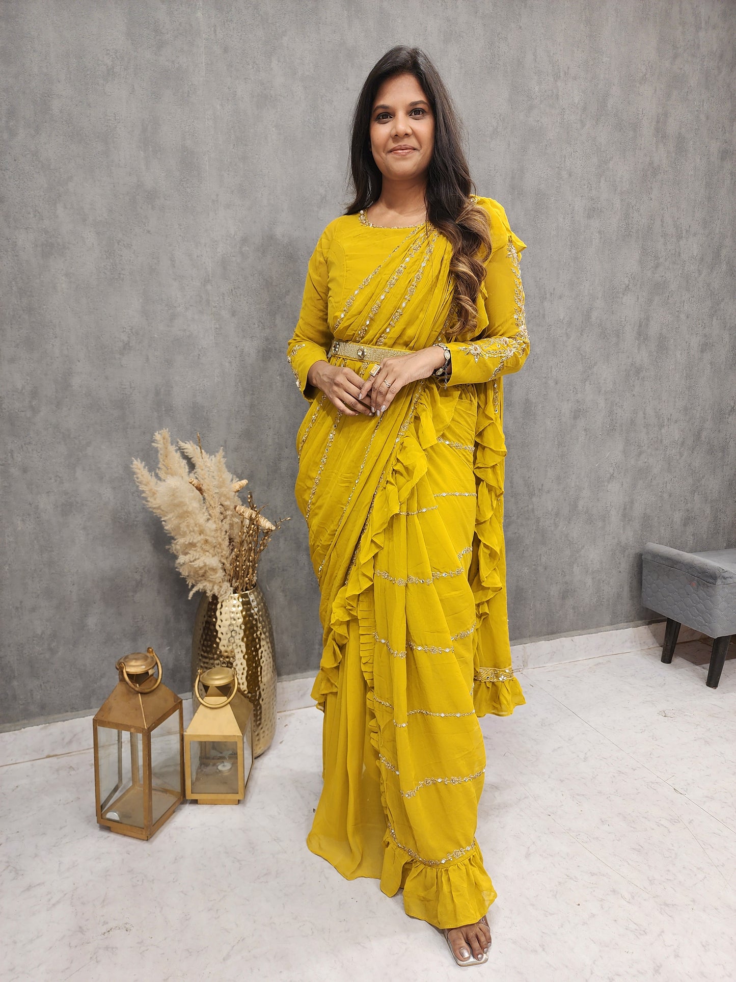 Ps turmeric yellow drape saree with belt