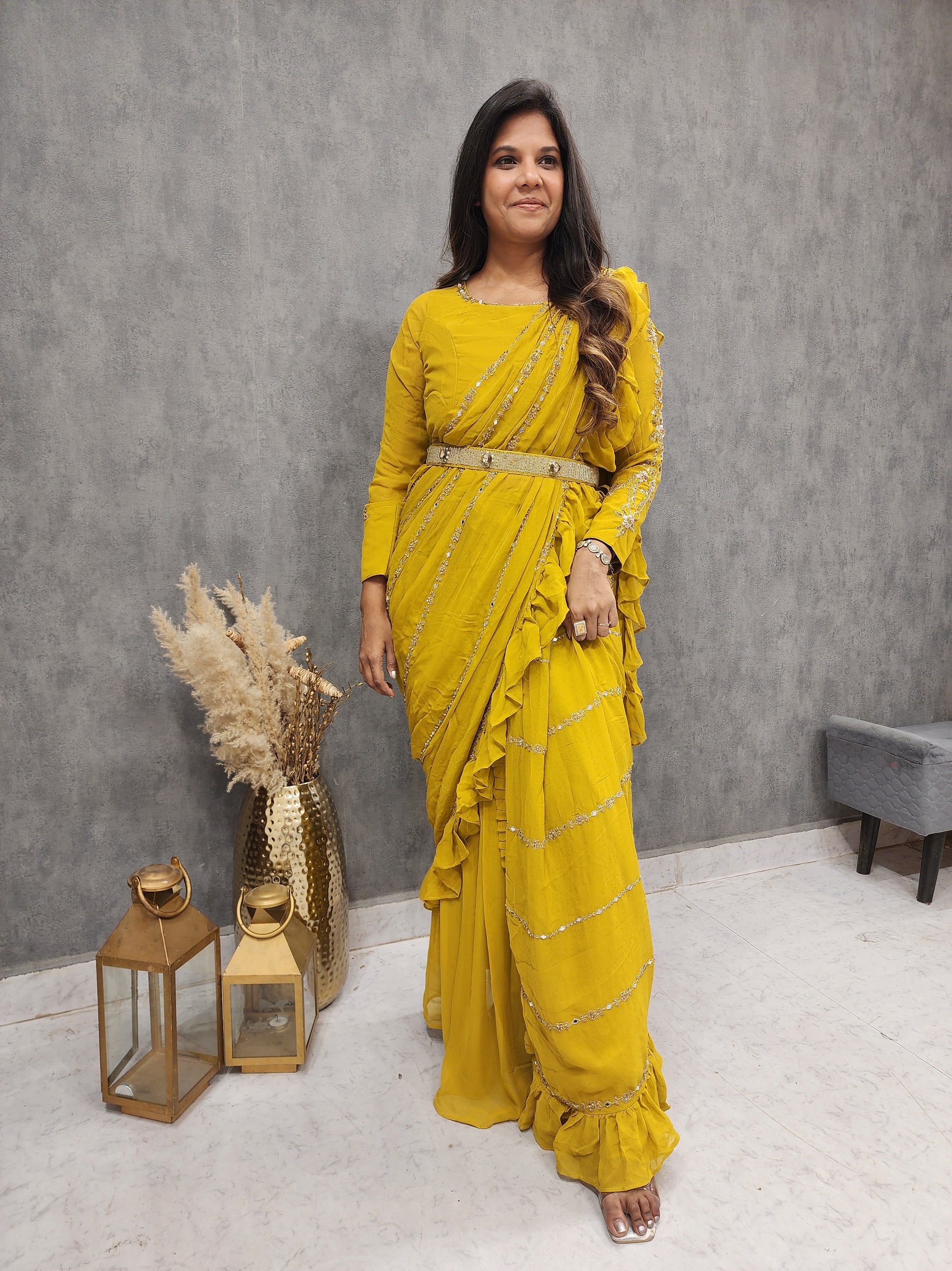 Ps turmeric yellow drape saree with belt S