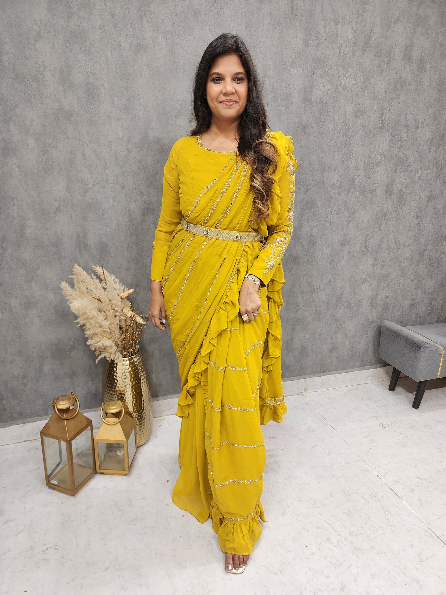 Ps turmeric yellow drape saree with belt