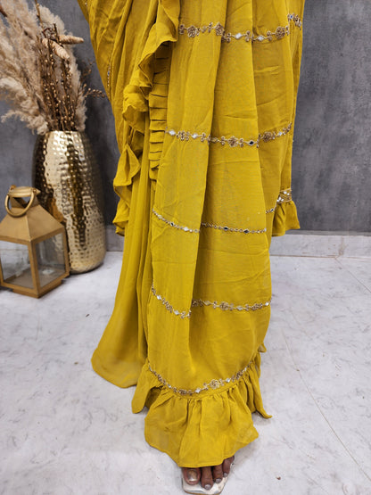 Ps turmeric yellow drape saree with belt