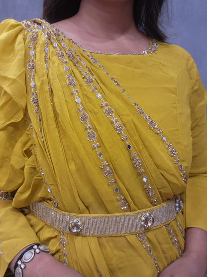 Ps turmeric yellow drape saree with belt