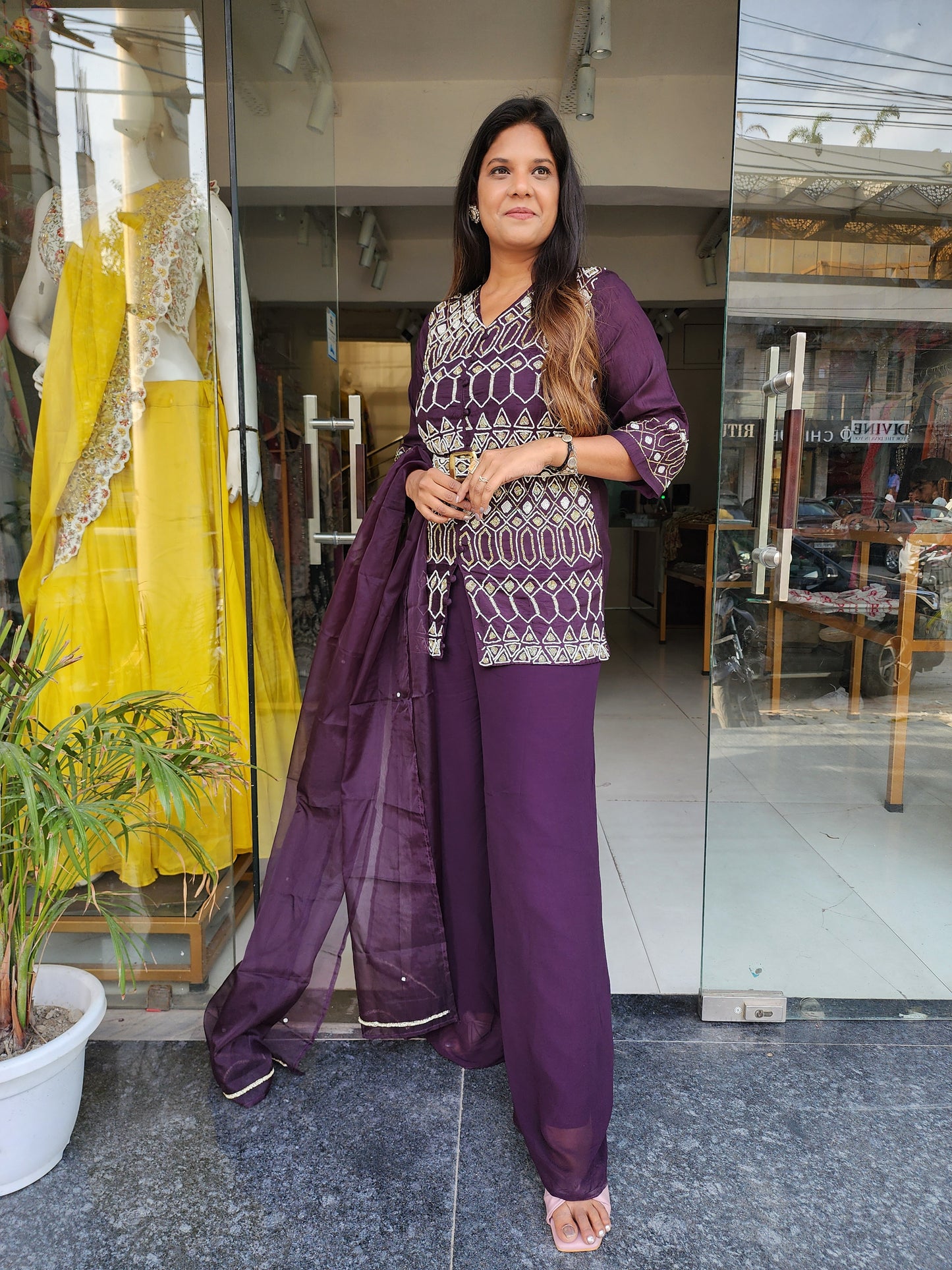 GLAM WINE EMBROIDED DIVIDER INDOWESTERN DRESS WITH BELT