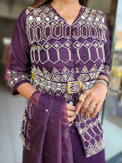 GLAM WINE EMBROIDED DIVIDER INDOWESTERN DRESS WITH BELT