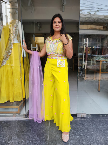 Yellow pop up divider dress with dupatta