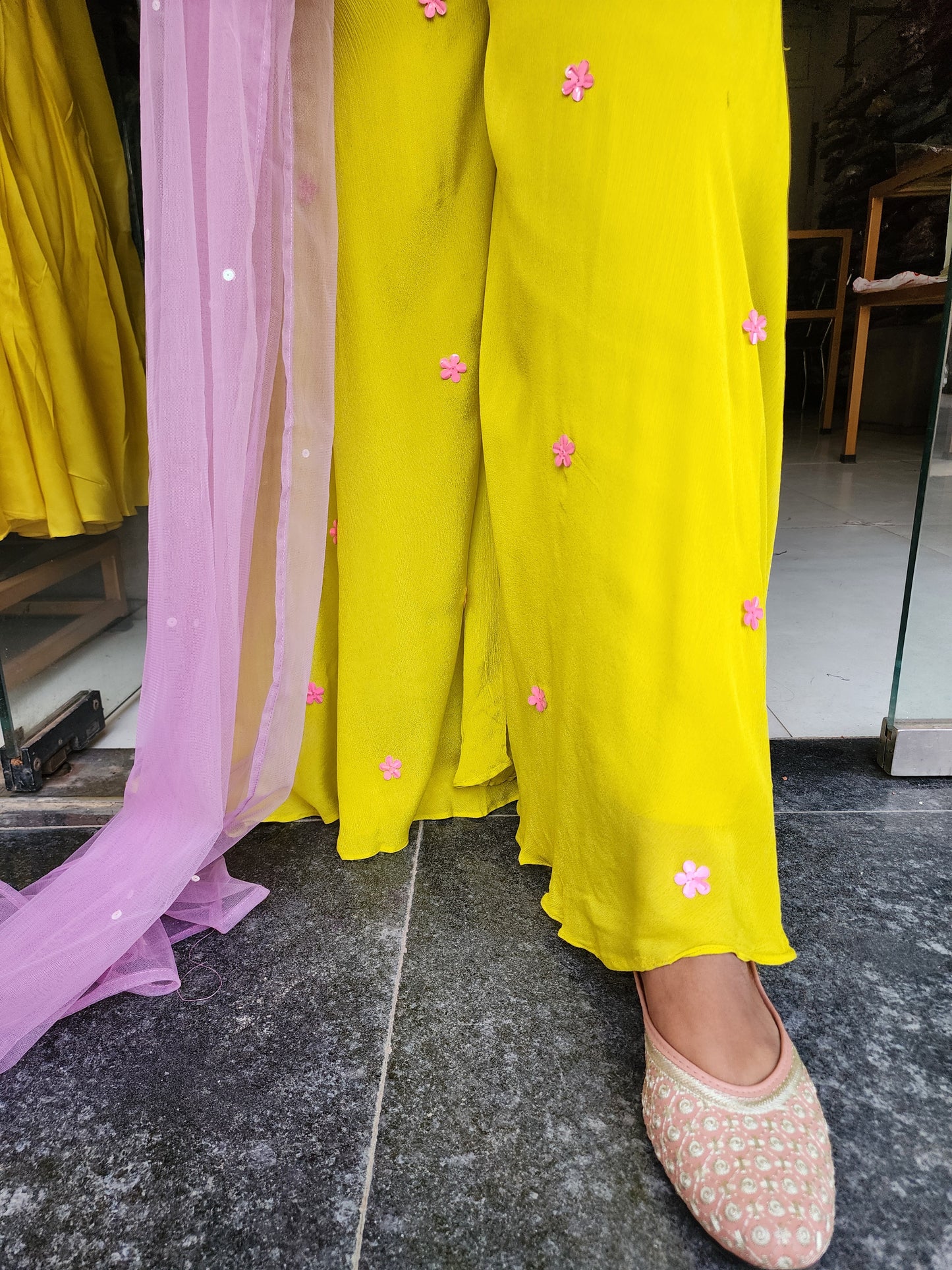 Yellow pop up divider dress with dupatta