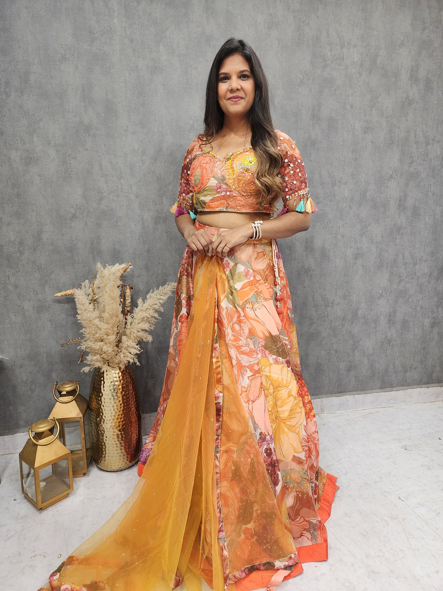 DIVYANKA ORANGE MULTI FLORAL PRINT LEHENGA DRESS