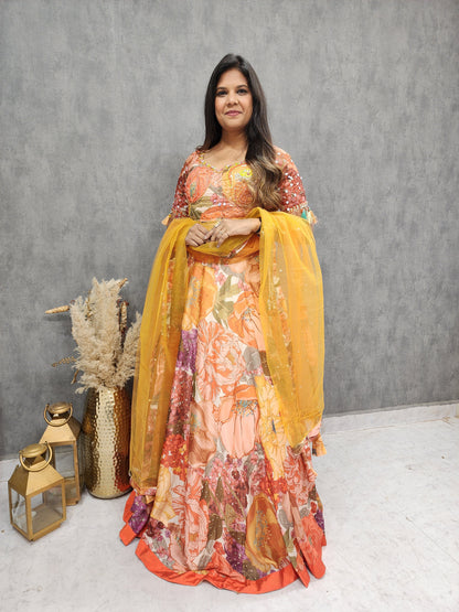 DIVYANKA ORANGE MULTI FLORAL PRINT LEHENGA DRESS