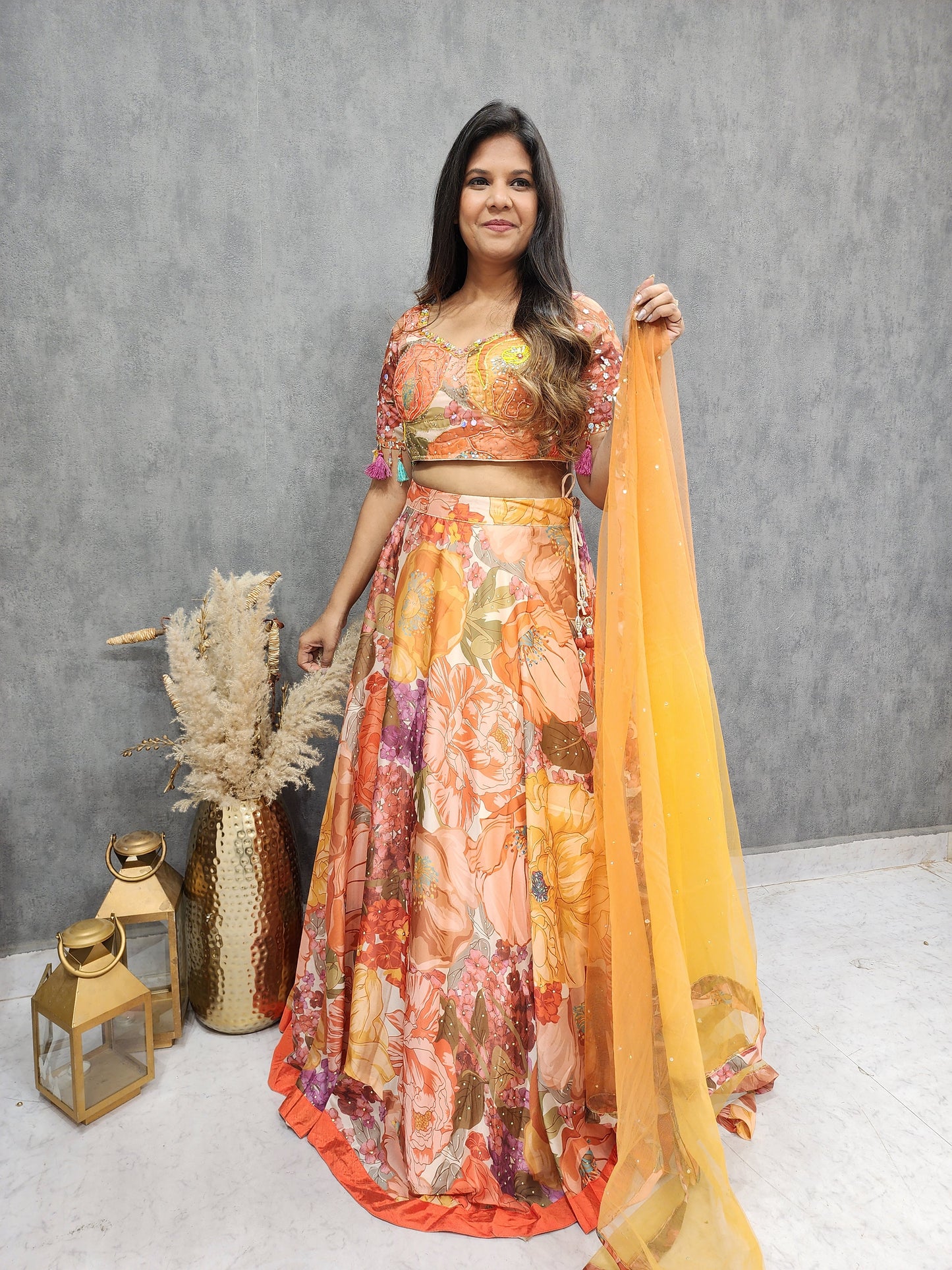 DIVYANKA ORANGE MULTI FLORAL PRINT LEHENGA DRESS