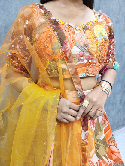 DIVYANKA ORANGE MULTI FLORAL PRINT LEHENGA DRESS