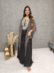 BLACK KAFTAN STYLE PRINTED SLEEVES EMBROIDERED MAXI GOWN