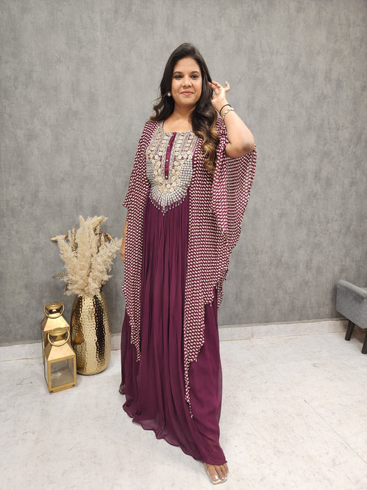 WINE KAFTAN STYLE PRINTED SLEEVES EMBROIDERED MAXI GOWN