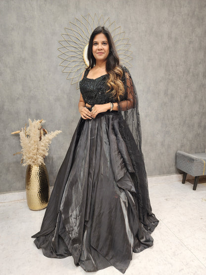 Black drape jimmy choo indowestern lehenga