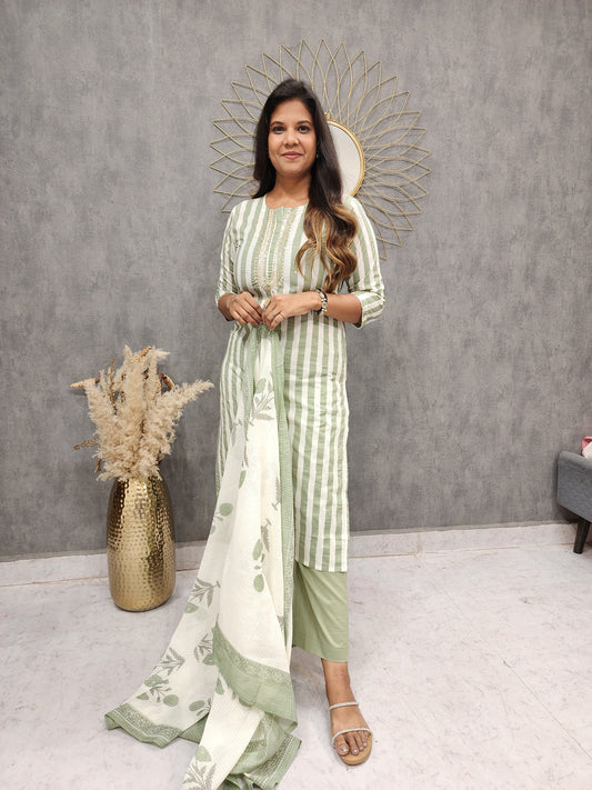 REHMAT GREEN STRIPE GOTAPATTI EMBROIDERED STRAIGHT SUIT
