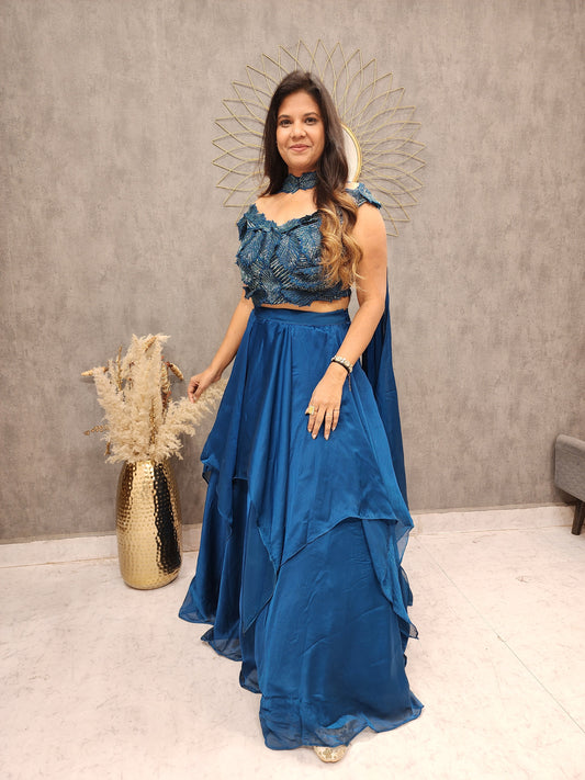 Butterfly neck leafy embroided teal blue jimmy choo lehenga