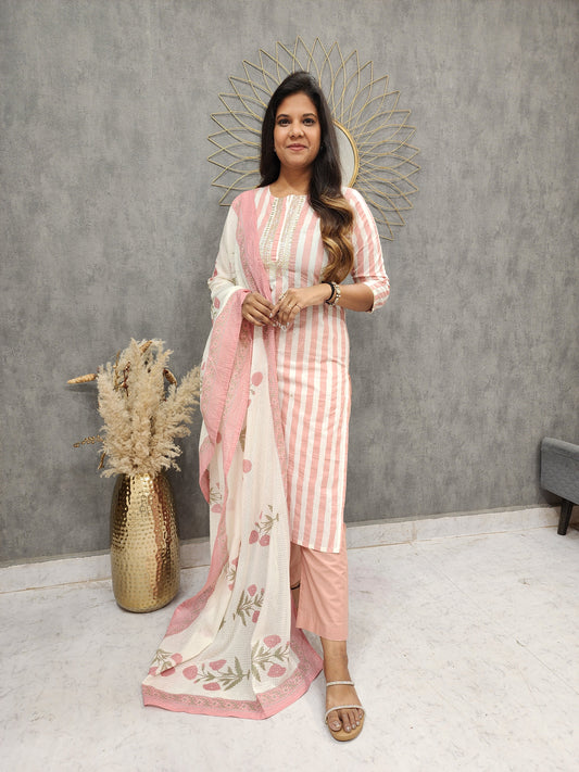 REHMAT PINK STRIPE GOTAPATTI EMBROIDERED STRAIGHT SUIT