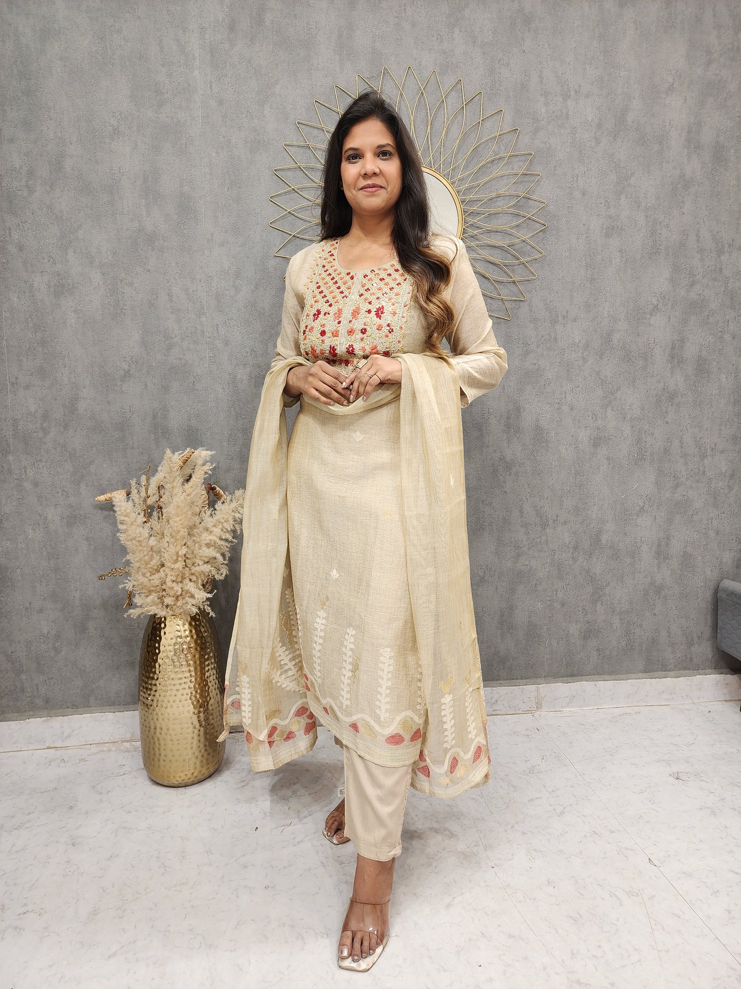 Beige embroidered jamjadi handloom suit with designer dupatta