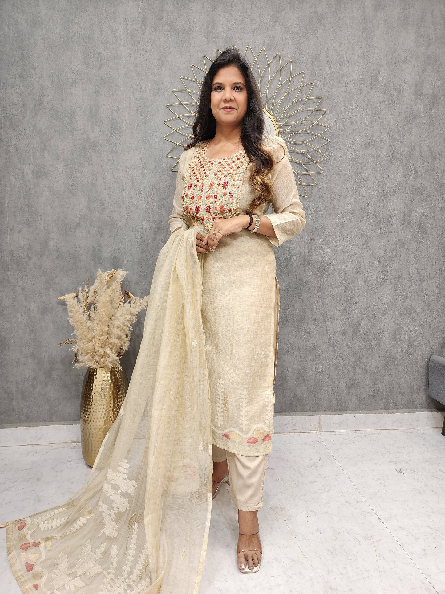 Beige embroidered jamjadi handloom suit with designer dupatta