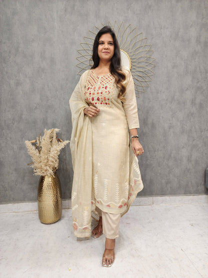 Beige embroidered jamjadi handloom suit with designer dupatta