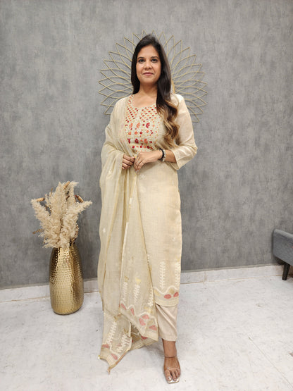 Beige embroidered jamjadi handloom suit with designer dupatta