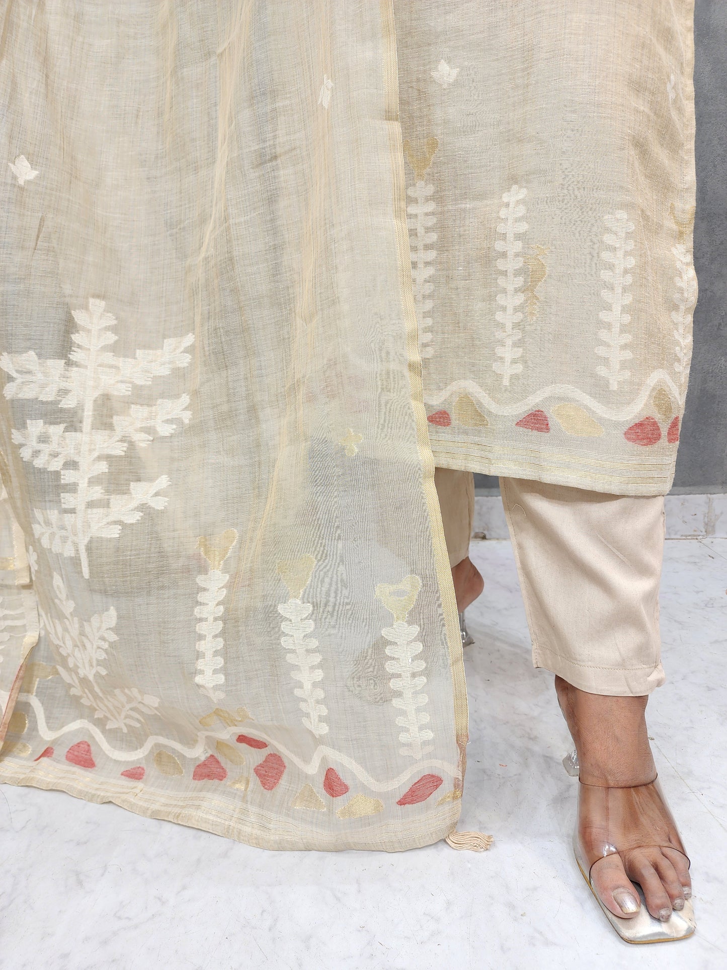 Beige embroidered jamjadi handloom suit with designer dupatta