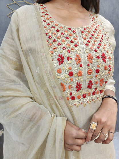 Beige embroidered jamjadi handloom suit with designer dupatta