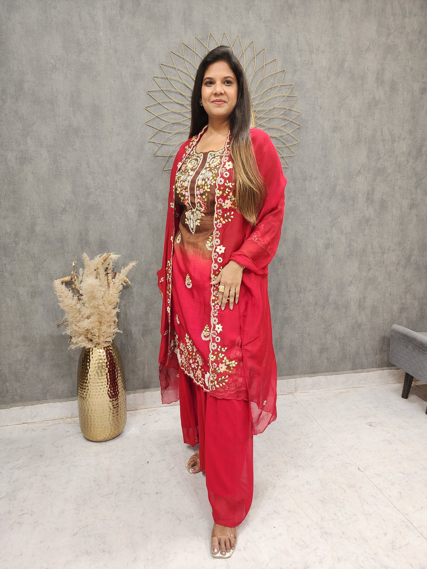 Nusrat shades of brown & red garara suit