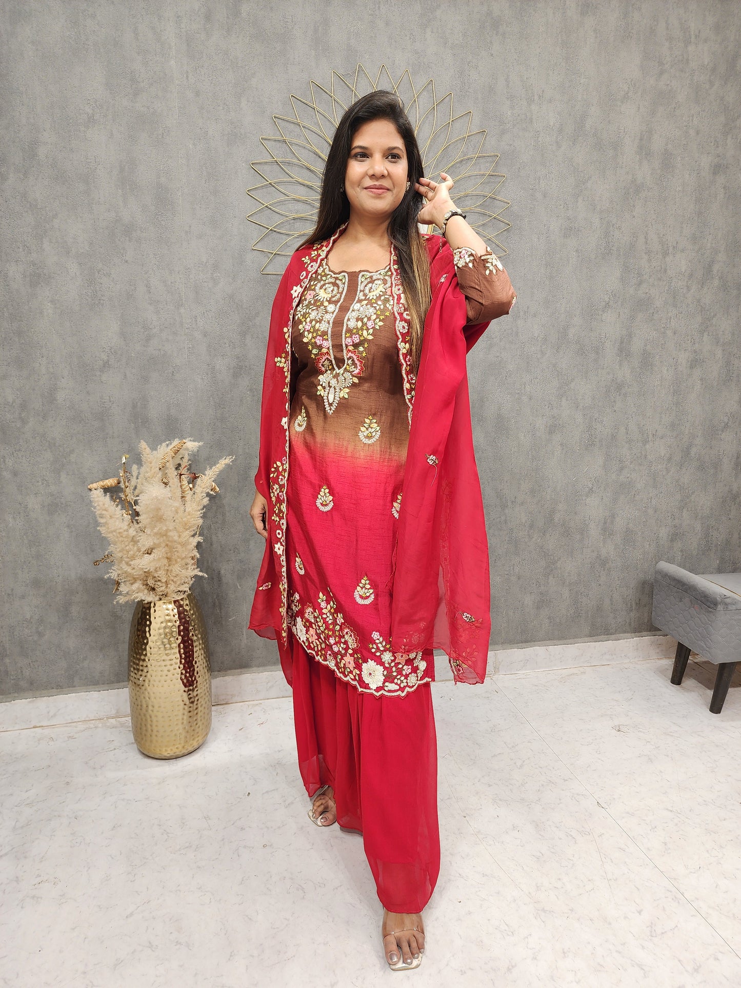 Nusrat shades of brown & red garara suit