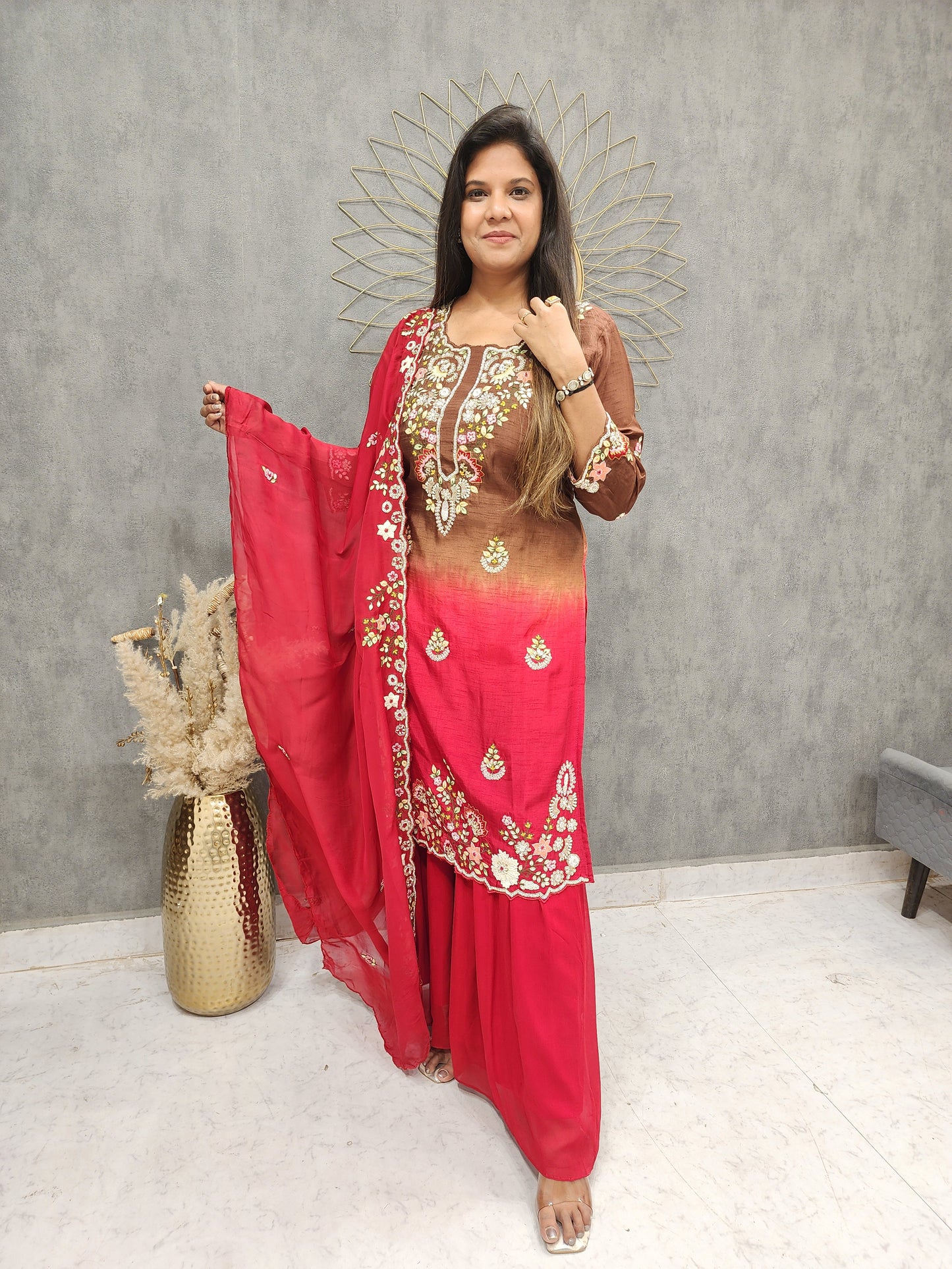 Nusrat shades of brown & red garara suit