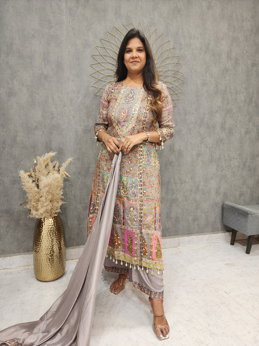 Grey pakistani digital print suit with plazo